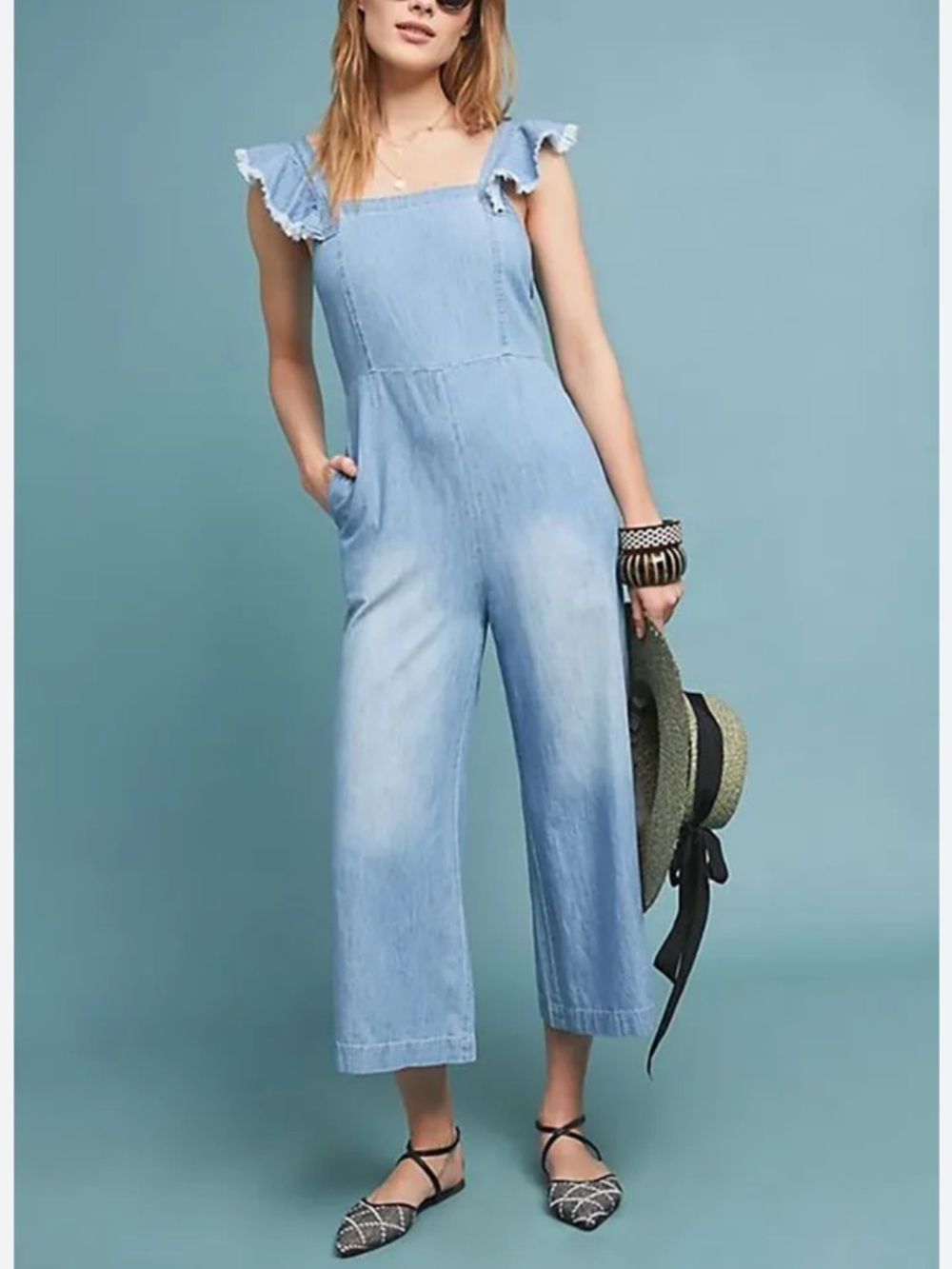 Dolan Anthropologie 100% Cotton Flutter Sleeve Wide Leg Cropped Denim Jumpsuit M